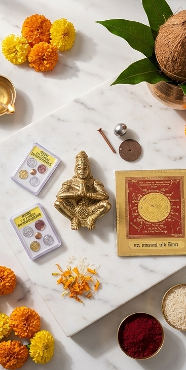 Collage of three images showing religious items and decorations on a marble surface with a blurred background.