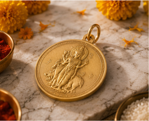 Gold pendant with religious figure on a marble base with incense and flowers