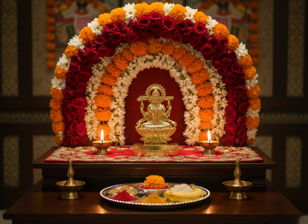 Decorative floral arch with a statue in the center on a wooden platform.