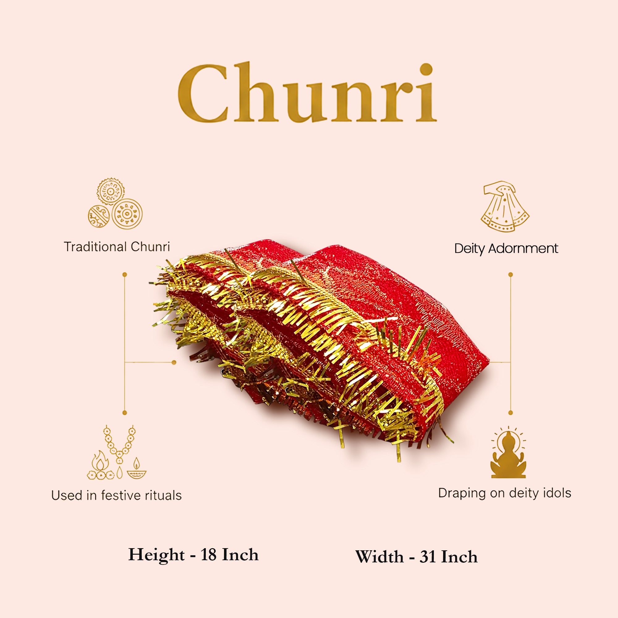 The rectangular red net Mata Chunri arranged gracefully as an intentional, bright spiritual accent piece on a home temple countertop, creating an inviting space for meditation and yoga practitioners.