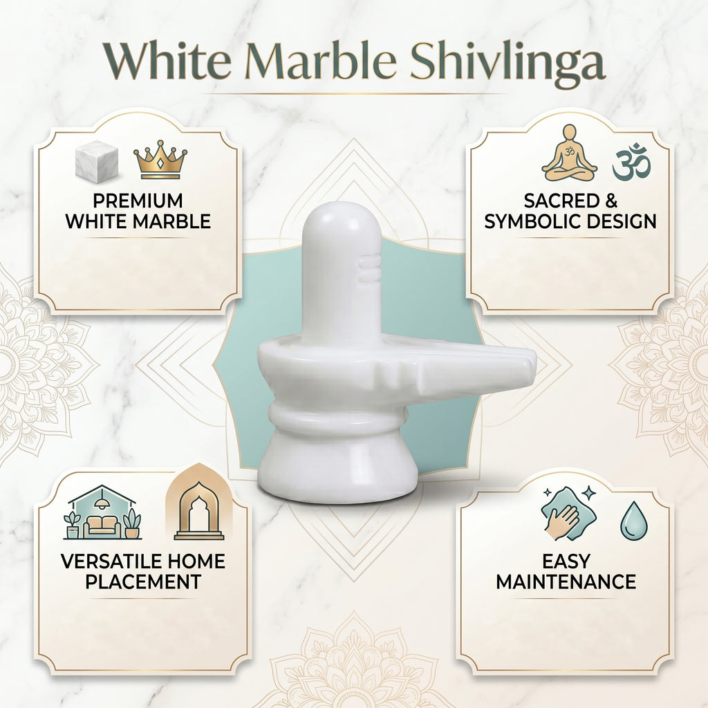 White marble Shivlinga with features listed on a decorative background