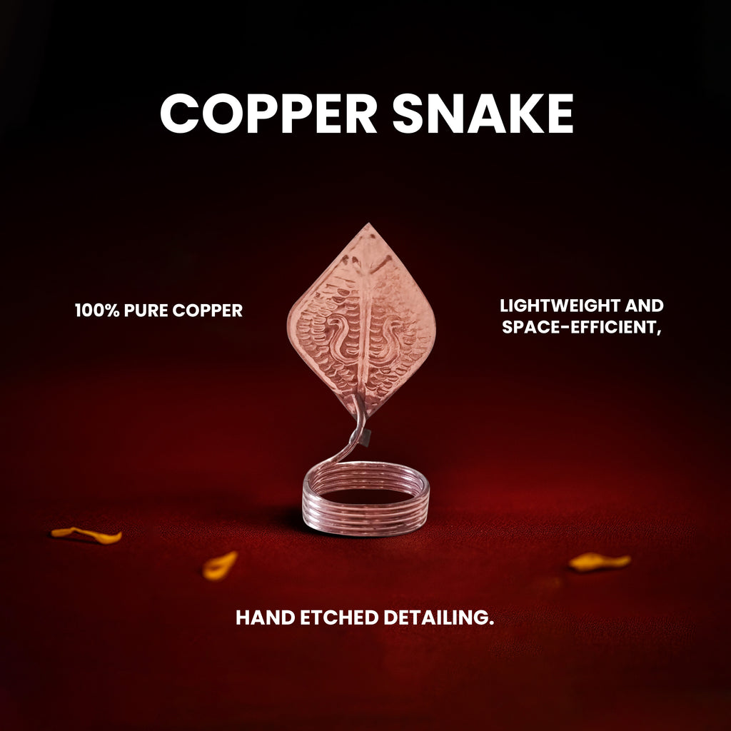 Copper snake sculpture on a dark background with text highlighting features.