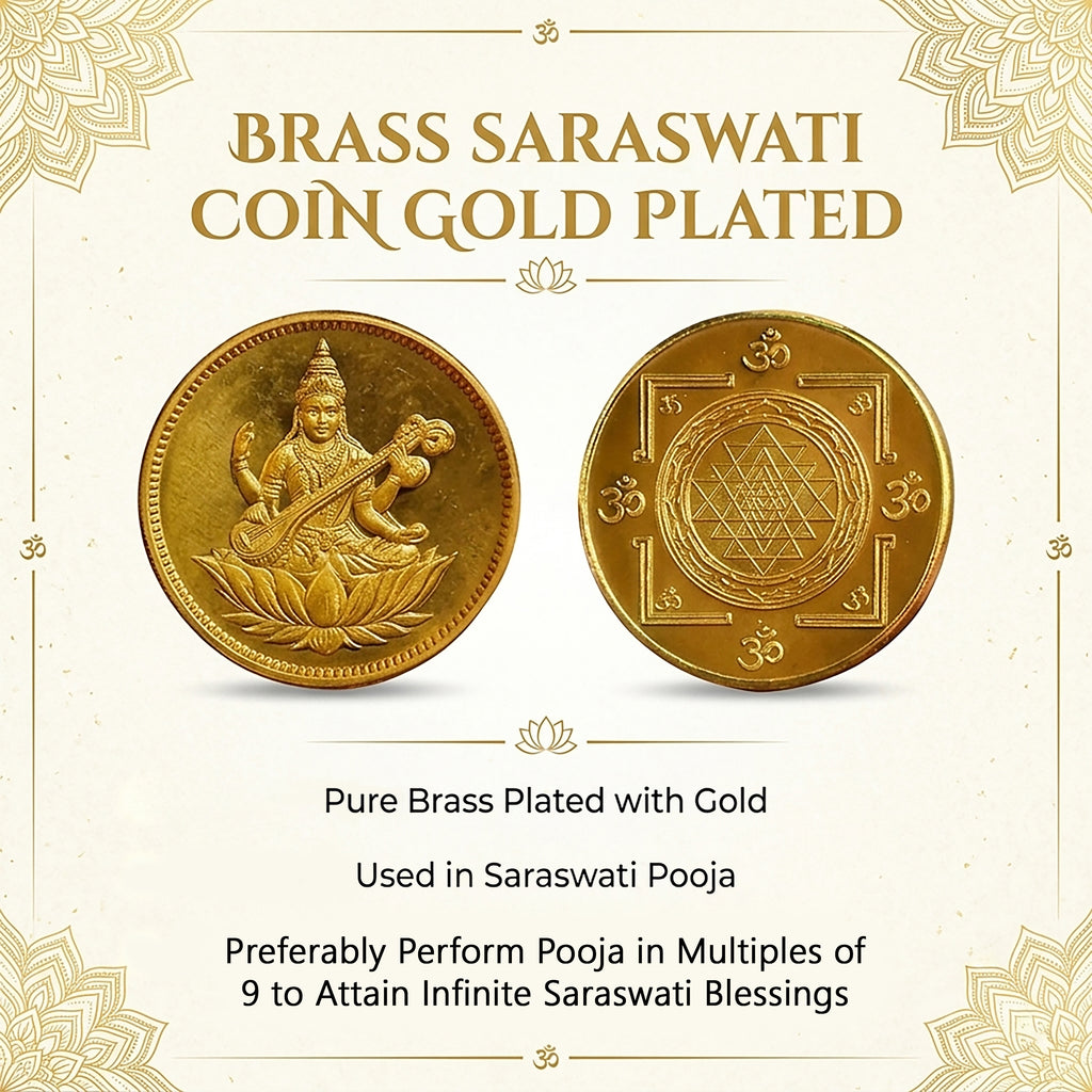A brass Saraswati coin gold-plated product shown from both sides on a cream background with decorative corner motifs and text. The left side shows a seated figure on a lotus, and the right side shows a geometric sacred geometry design.
