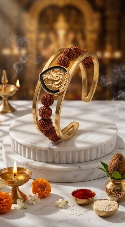 Gold bracelet with maroon stones on a decorative table with candles and flowers