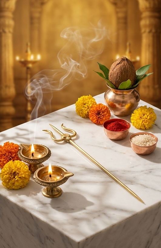 Triptych of a decorative setting with a gold trident, flowers, and incense on a marble surface.