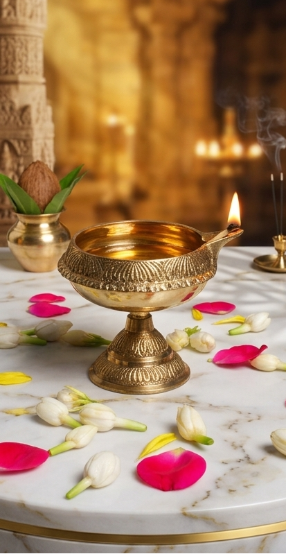 Three images of a gold lamp on a marble surface with flowers and candles in the background.