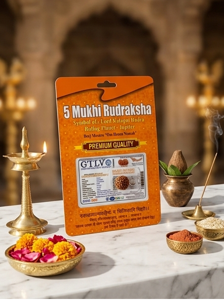 Two images of 5 Mukhi Rudraksha packaging with a blurred background of religious items.