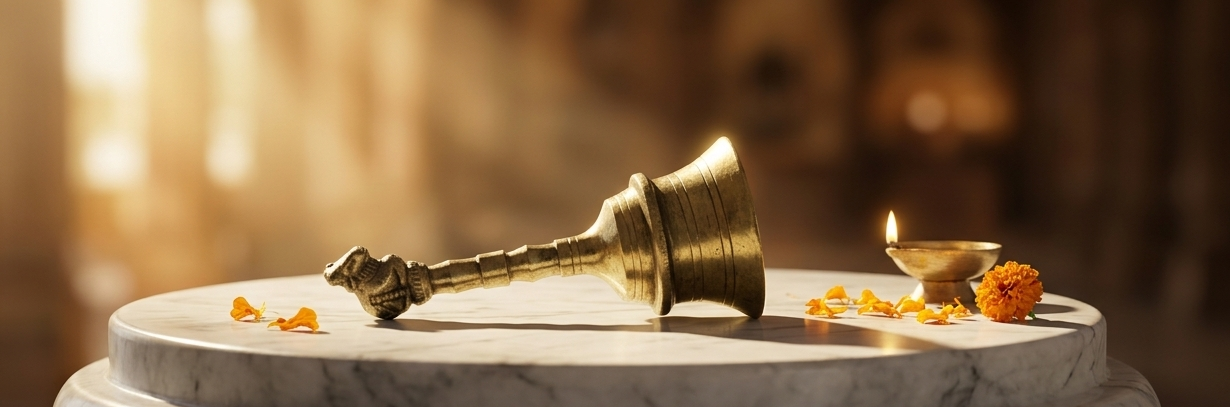 Brass bell on a marble surface with marigold flowers and a blurred background