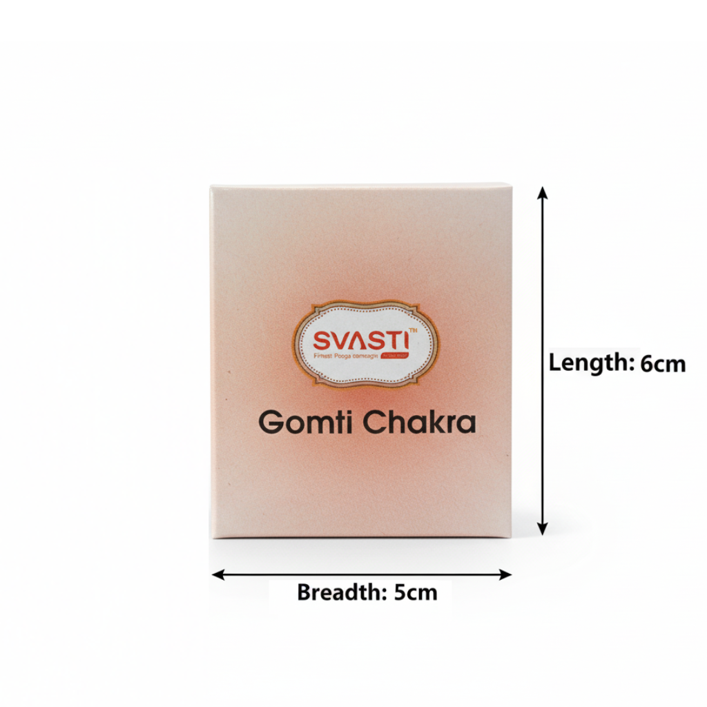 Box of Svasti Gomti Chakra with dimensions on a white background