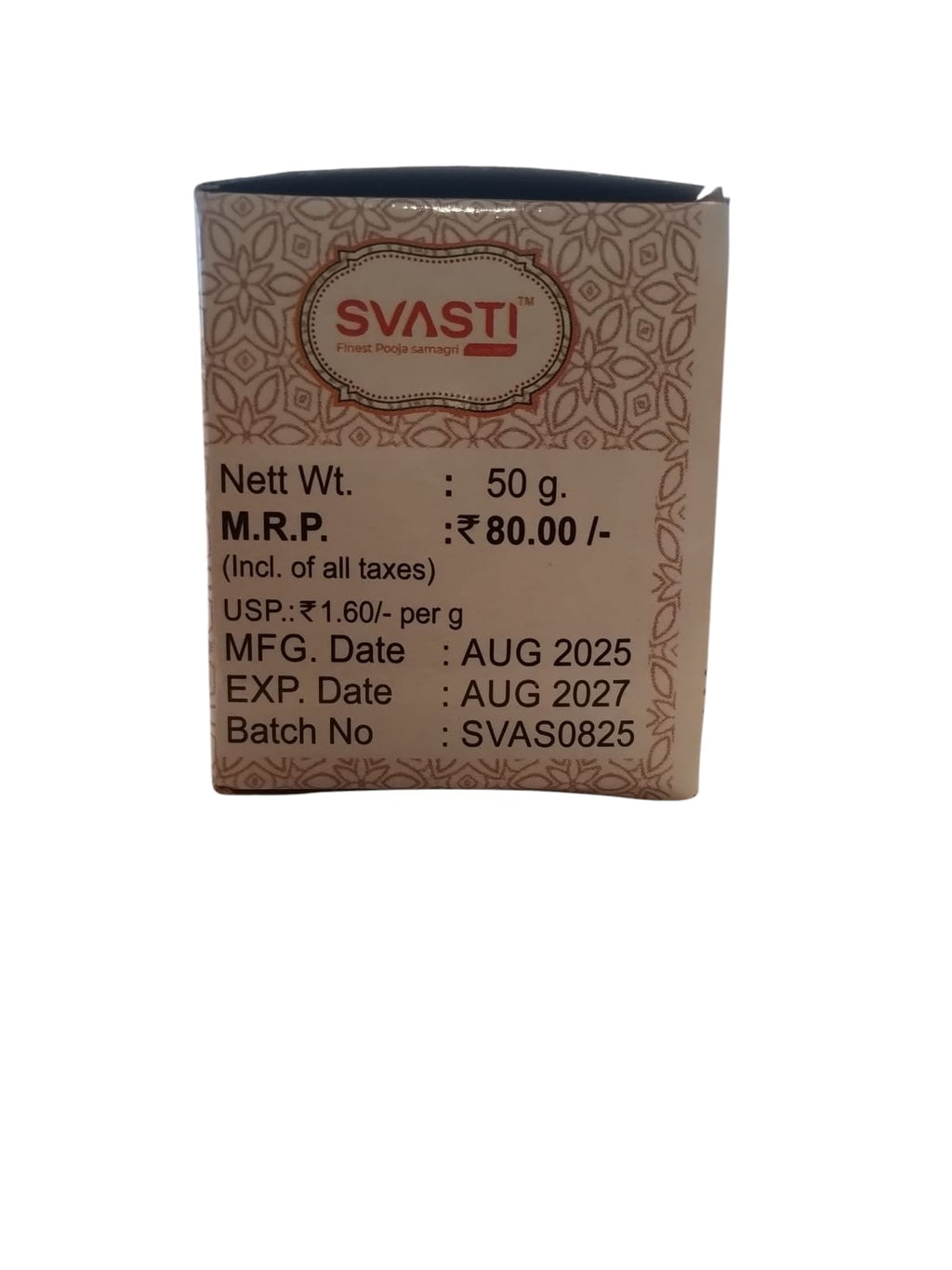 Packaged product with SVASTI branding on a white background