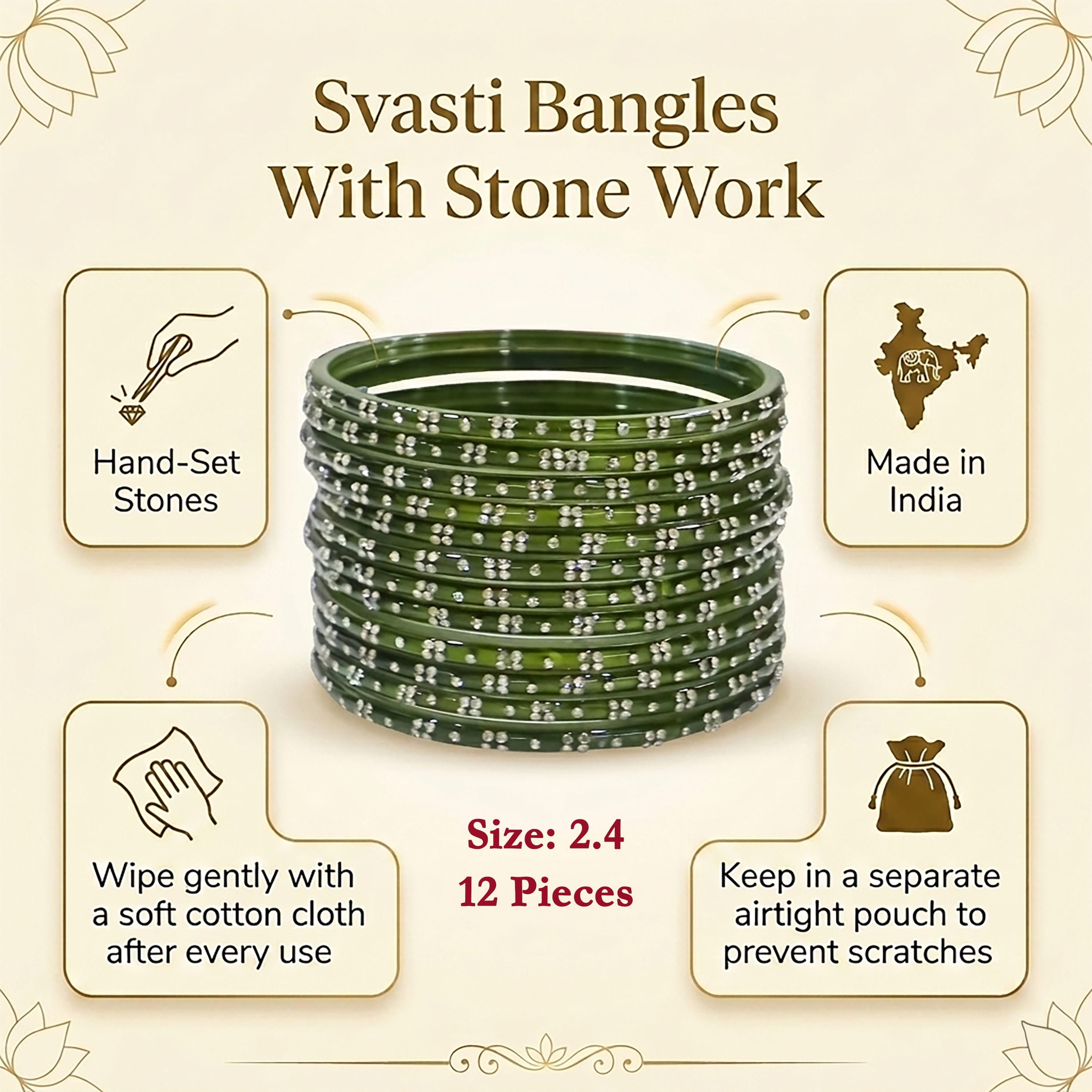 Green bangles with stone work on a beige background with product details.