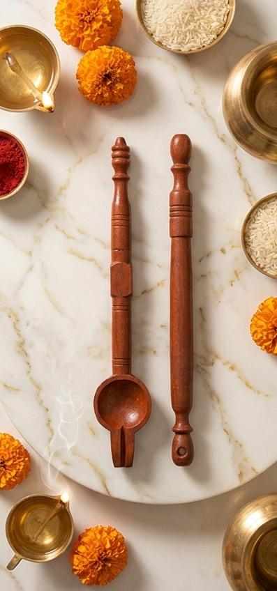 Decorative setup with wooden spoons, marigold flowers, and lit candles on a marble surface.