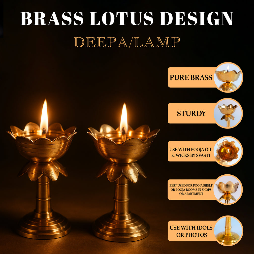 Two brass lotus design lamps with flames on a dark background, featuring text about the product.