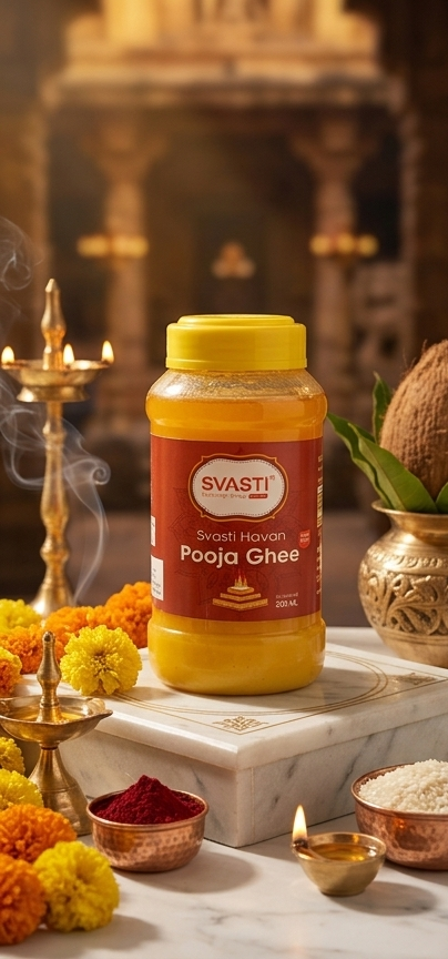 Swastik Ghee bottle on a decorative background with flowers and religious items.