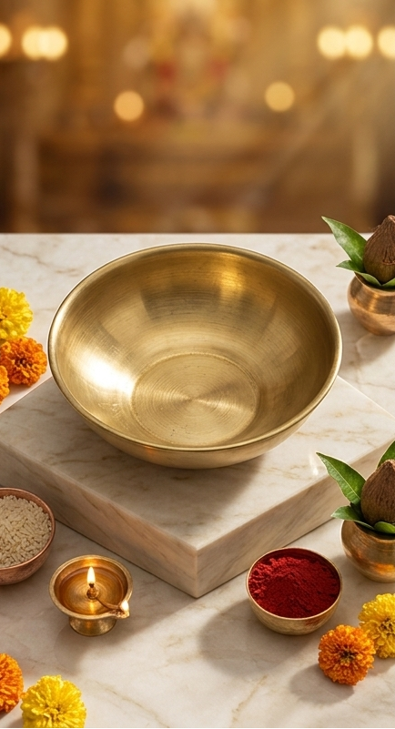 Three views of a gold singing bowl on a stone platform with decorative elements.