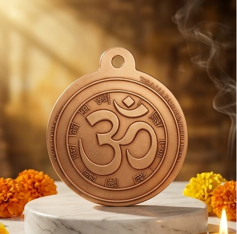 Bronze medallions with engravings on a decorative setting with candles and flowers.