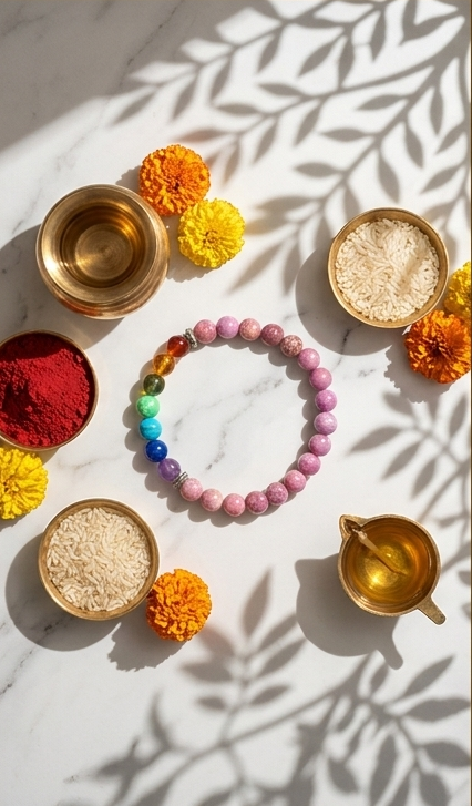 Three panels showing a colorful bracelet, bowls, and decorative items on a table with a warm, blurred background.