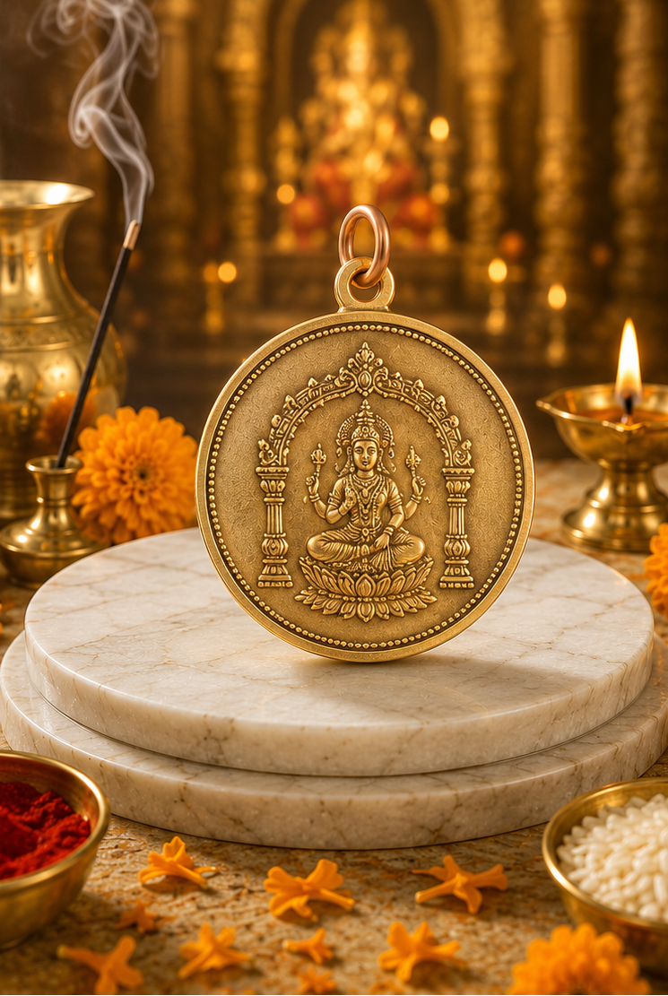 Collage of a gold pendant with intricate designs on a marble stand, surrounded by religious offerings.