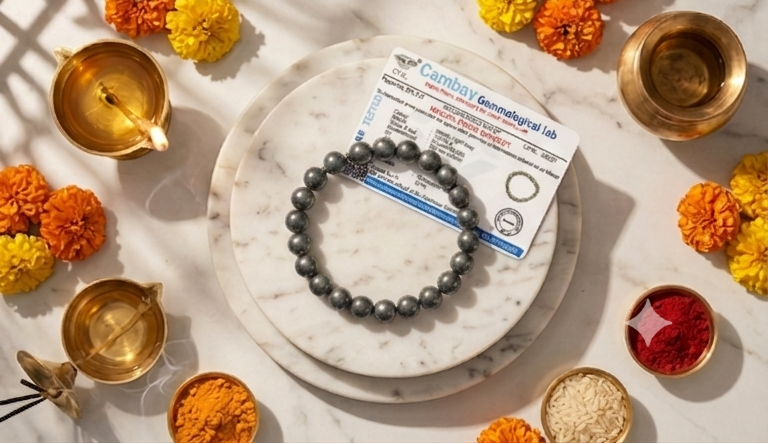 Black beaded bracelet with a label on a marble surface with decorative elements