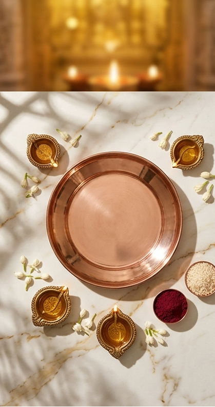 Copper plates and bowls on a marble surface with a religious setting in the background.