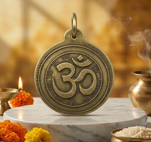 Three bronze pendants with different designs on a marble surface with decorative items.