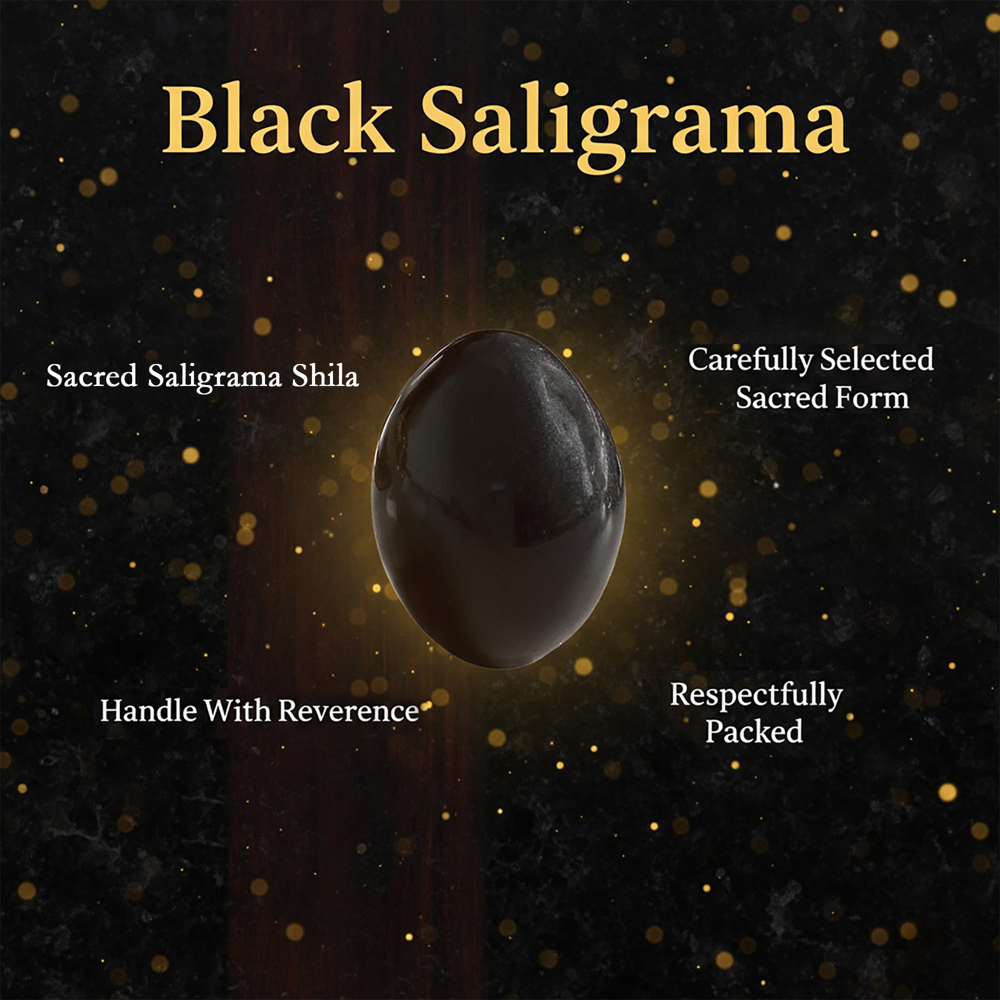 Black Saligrama stone with gold text on a dark background