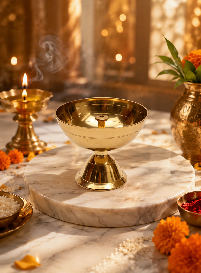 Collage of gold bowls on a marble surface with decorative elements.