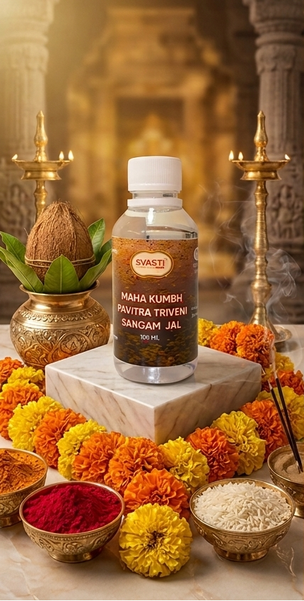 Swasti Maha Kumbh ritual products with religious significance on a decorated background