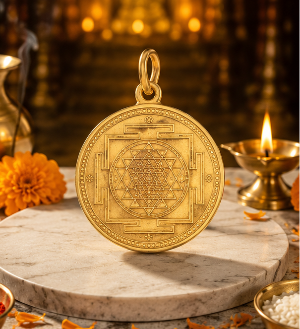 Gold pendant on a marble surface with floral decorations and candles in a warm setting.