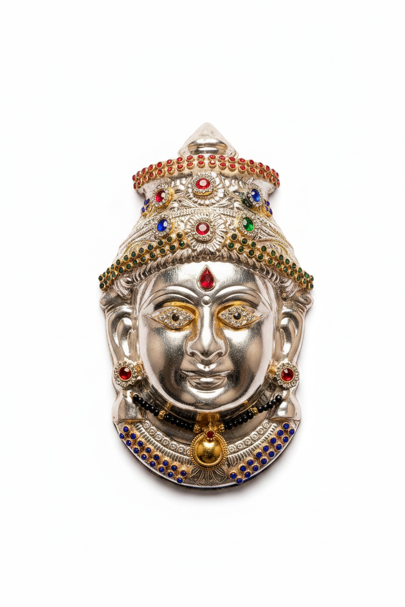 A silver-toned Hindu deity face mask with gold, red, and blue gemstone accents, isolated on a white background.