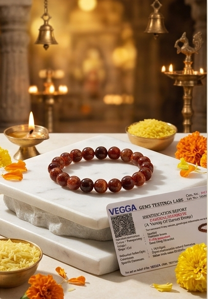Three images of a bracelet on a white platform with decorative items and a blurred background.