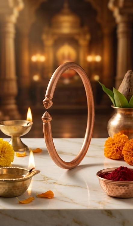 Copper rings and decorative items on a marble surface with a blurred background.