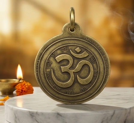 Four views of a decorative pendant with religious figures and symbols on a marble base.