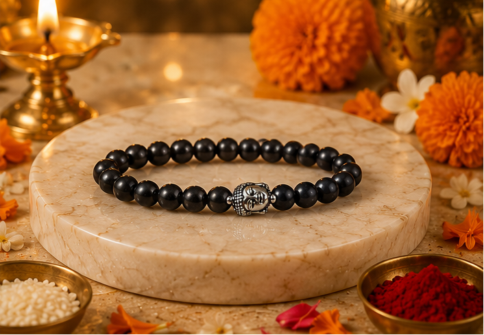 Black beaded bracelet with silver clasp on a marble stand, surrounded by decorative items.
