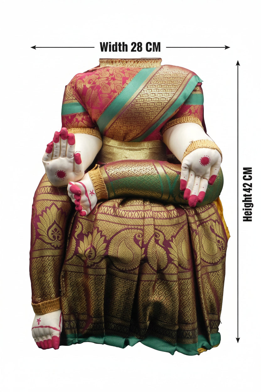 A seated traditional dancer figurine or sculpture shown from the back, with dimension arrows indicating a width of 28 cm and a height of 42 cm, on a plain white background.