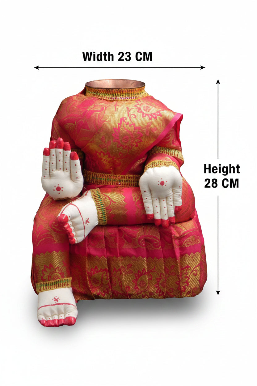 Decorative statue of a seated figure in a traditional outfit with pink and gold colors on a white background.